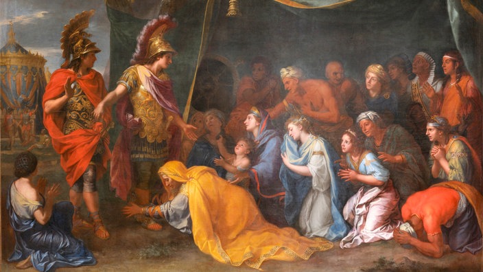 Historisches Gemälde (um 1660): Alexander der Große. Zu seinen Füßen kniet die Familie des Dareios III. nach dessen Niederlage bei Issos 333 v. Chr.