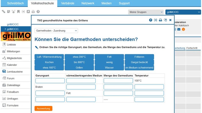 Screenshot vom MOOC mit einer Frage zur Garmethode beim Grillen