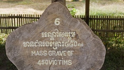 Das Bild zeigt ein Hinweisschild, das aus einer Holzscheibe eines großen Baumes besteht. Darauf stehen zum einen asiatische Schriftzeichen und zum anderen der englische Text 'Mass Grave of 450 Victims', übersetzt 'Massengrab von 450 Opfern'.