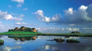 Hallighaus auf Warft, im Vordergrund Wasser.