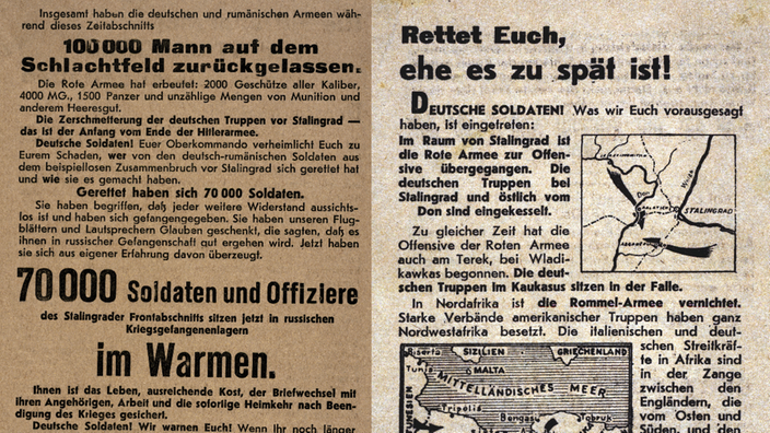 Auf zwei sowjetischen Flugblättern aus dem Zweiten Weltkrieg werden die deutschen Soldaten aufgefordert, sich zu ergeben.