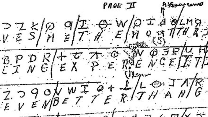 Die erste verschlüsselte Nachricht des Zodiac-Killers mit der Auflösung des Codes.