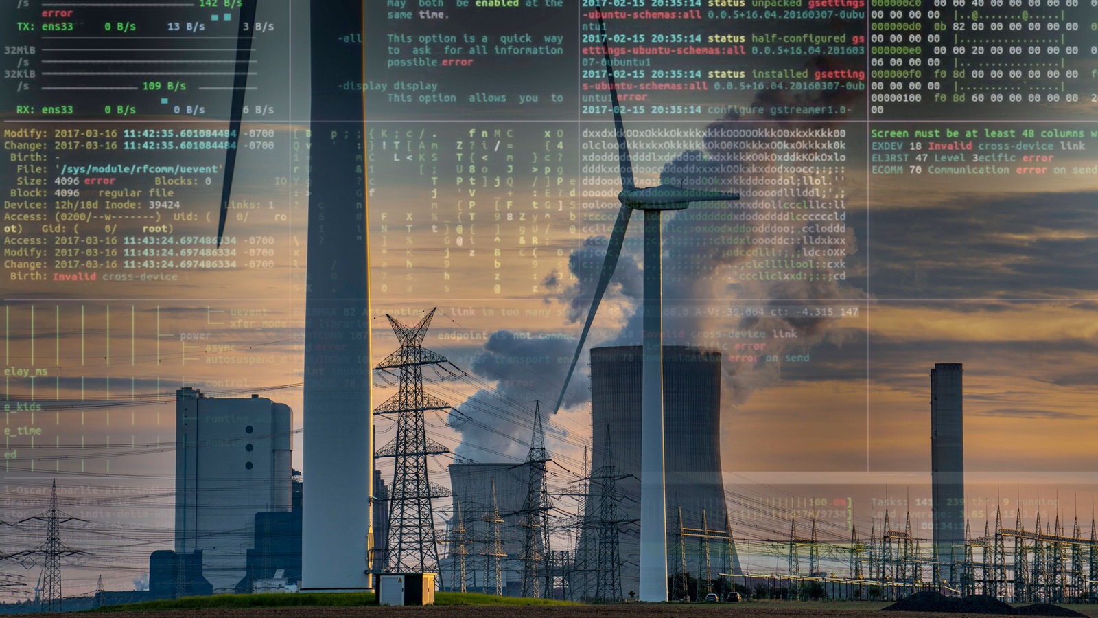 Bildcollage: Ein Kraftwerk mit Windgeneratoren und einem Monitor mit Zahlen- und Buchstabenreihen sind über einander gelegt.