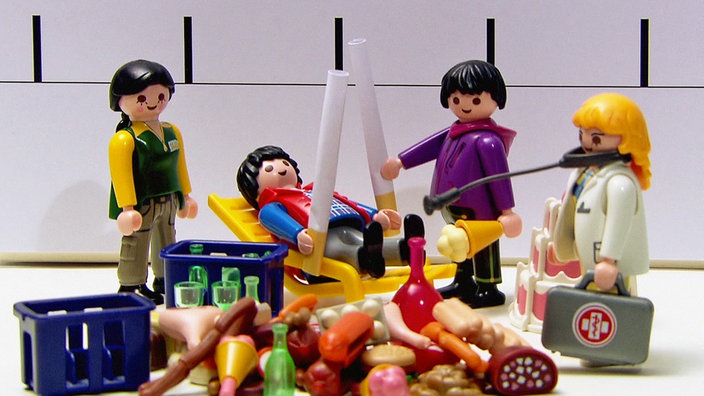 Playmobil-Männchen stehen vor einer Zeitskala. Um sie herum: Alkohol und Zigaretten.