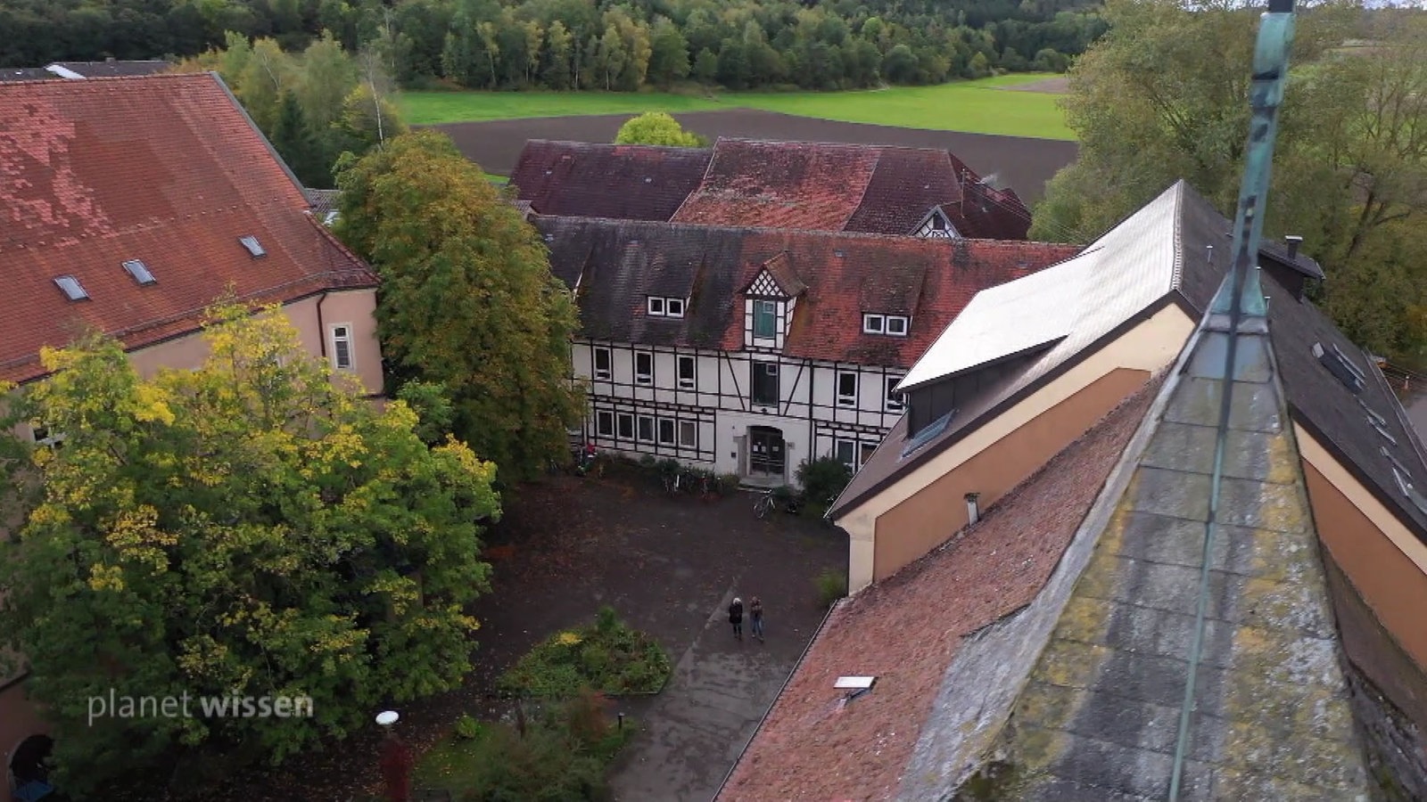 Vogelperspektive auf die Gebäude des Schloss Tempelhof.