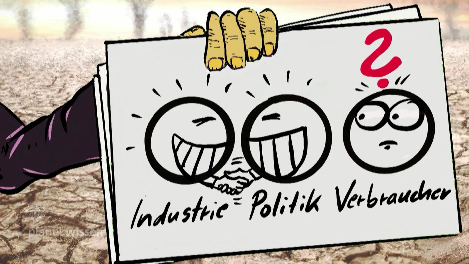 Grafik: Eine gezeichnete Hand hält ein Blatt auf dem zwei grinsende Smileys, unter denen 'Industrie' und 'Politik' geschrieben steht, sich die Hand reichen, während daneben ein 'Verbraucher'-Smiley mit Fragezeichen irritiert schaut.